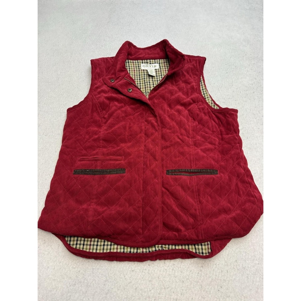 Orvis Vest‎ Womens Large Red Quilted Microfiber Plaid Lined Full Zip Pockets